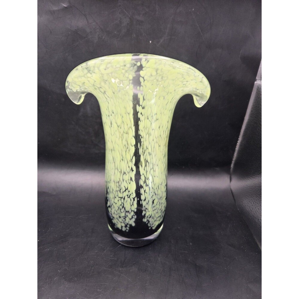 Black And Lime Green Teleflora Hand Blown 8" tall  Speckled Art Glass Vase